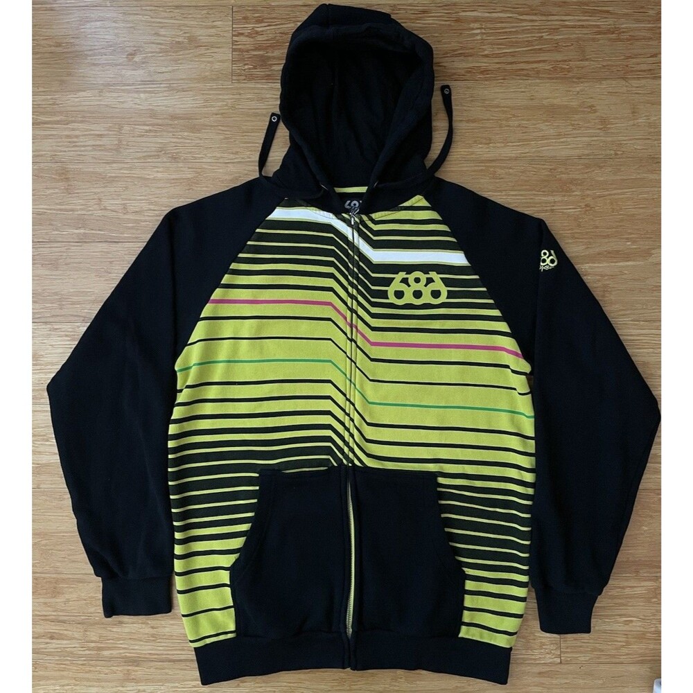 686 Mens Medium Zip Hoodie Yellow Black Stripe Snowboard Skate Y2K